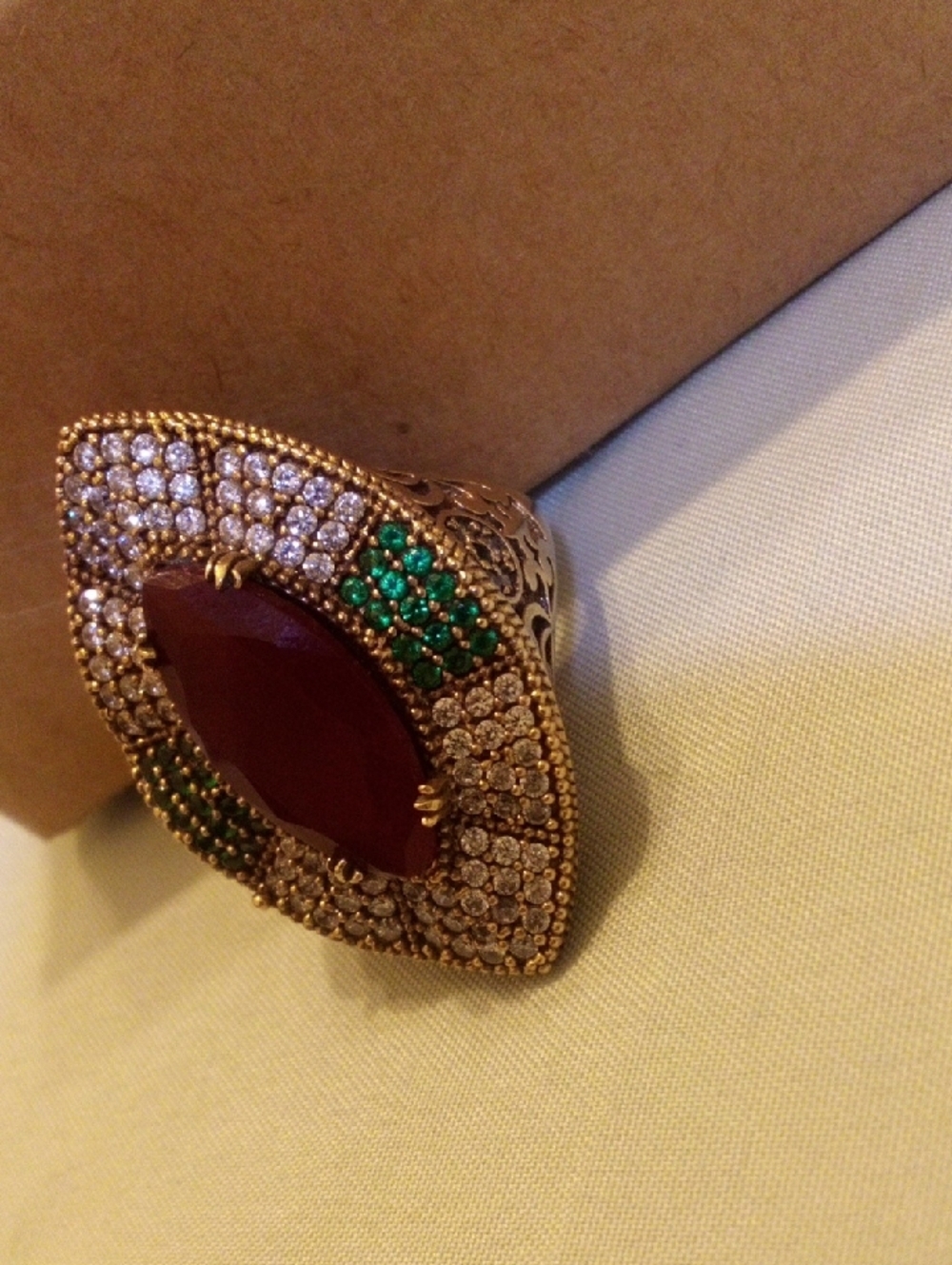 Gold-Tone Red Marquise Statement Ring with Green and Clear Accent Stones - Picture 5 of 6